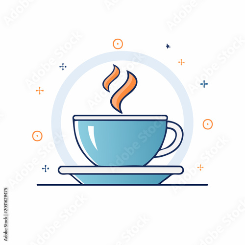 Blue cup of hot steaming coffee or tea