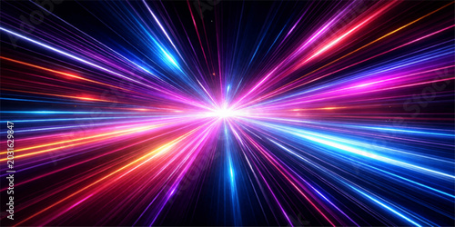 Foto Vibrant abstract light trails explode outwards from a central luminous point, creating a dynamic sense of speed and energy with a spectrum of neon colors