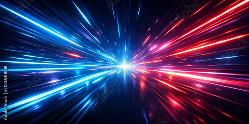 Tableau sur toile A stunning abstract visual depicts two streams of vibrant blue and red light converging at high speed, creating a dynamic and energetic burst of motion