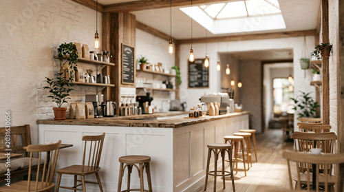 Cozy coffee shop interior with bar and seating area