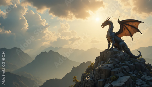 Mythical dragon perched on mountain peak at sunrise with dramatic clouds and misty valleys