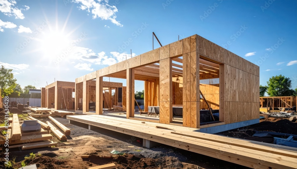 Fototapeta premium New Home Construction Site with Wooden Frame Under Sunny Sky.