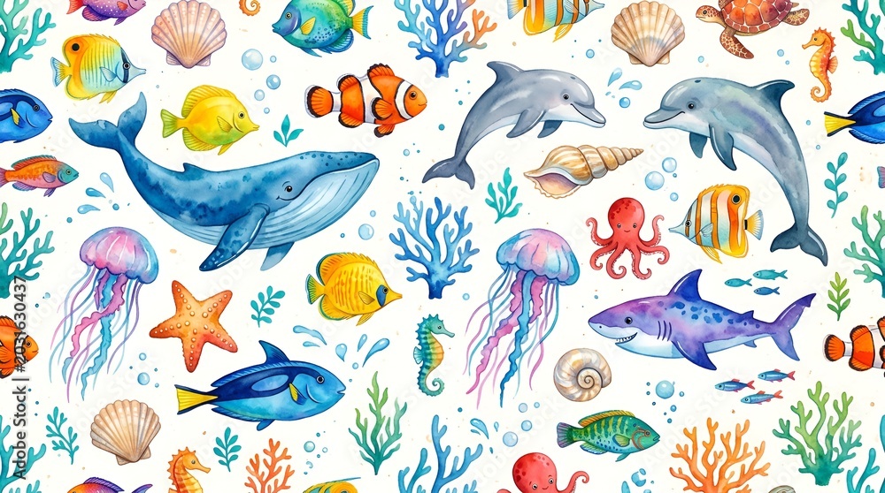 Naklejka premium Colorful Watercolor Ocean Life Seamless Pattern - Whales, Dolphins, Fish, Jellyfish, Octopus
