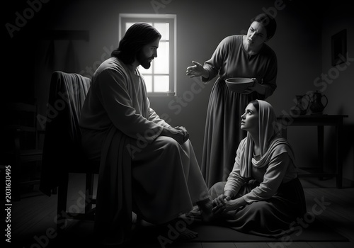 Jesus Christ with Mary and Martha in a Humble Home, Depicting a Biblical Narrative of Faith and Devotion in Black and White