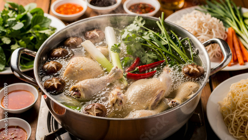 A steaming Vietnamese chicken hotpot (lẩu gà) in a large metal pot, with chicken pieces, mushrooms, lemongrass, chili, and fresh herbs like cilantro and green onion. Surrounding plates of fresh vegeta