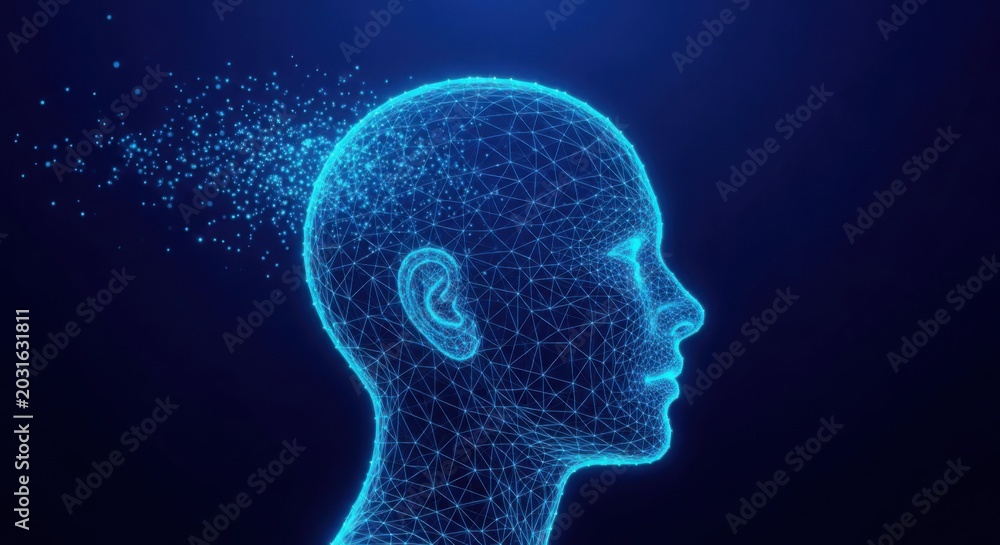 Obraz premium Digital human head profile with exploding particles illustration