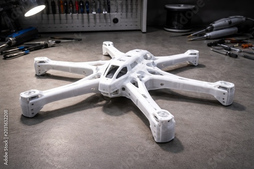 3d printed drone frame prototype on workbench in lab concept photo. Ai generative