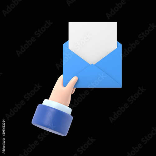 Envelope holding in the hand.Email message concept, sending.Postman gives a letter.Delivery of messages.Email, correspondence.3D rendering on black Screen for footage and clipping path.