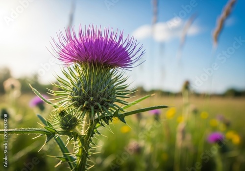 Purple Thistle Flower in a Meadow Under a Bright Blue Sky.
