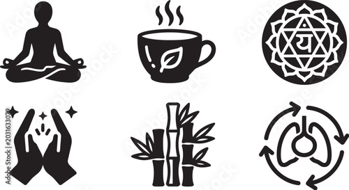 Photos Yoga meditation and zen wellness black vector icons set.