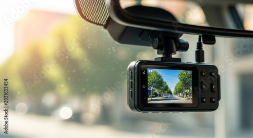 Automotive dashcam recording street view from inside vehicle with rearview mirror and sunlight