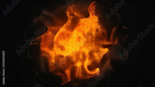Dramatic flames with intense orange and yellow hues isolated against a dark atmospheric background.