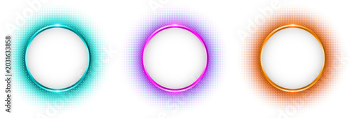 Colorful round shape buttons with neon halftone glow on white background.