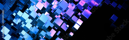 Quadro su tela Technology banner with 3D cubes in space, abstract widescreen futuristic geometric background with purple blue glowing cubes on black, and copy space for text