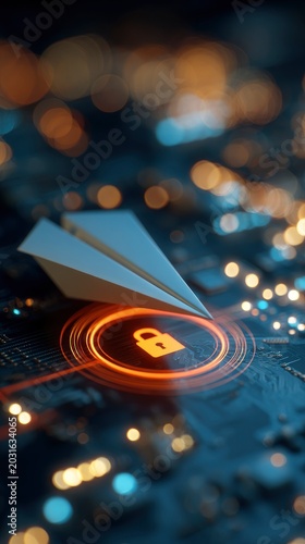Paper airplane landing on a glowing digital circuit board with a padlock security icon, concept of secure data transmission and privacy.