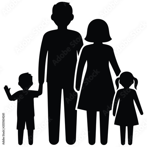 Happy family standing together vector silhouette illustration, parents and kids line art.