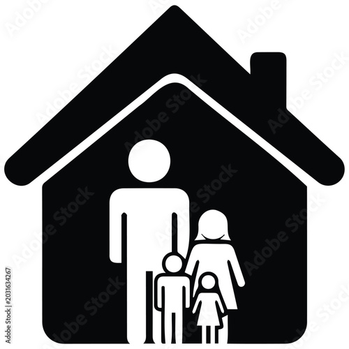 Family in house vector silhouette illustration, home line art graphic design element.