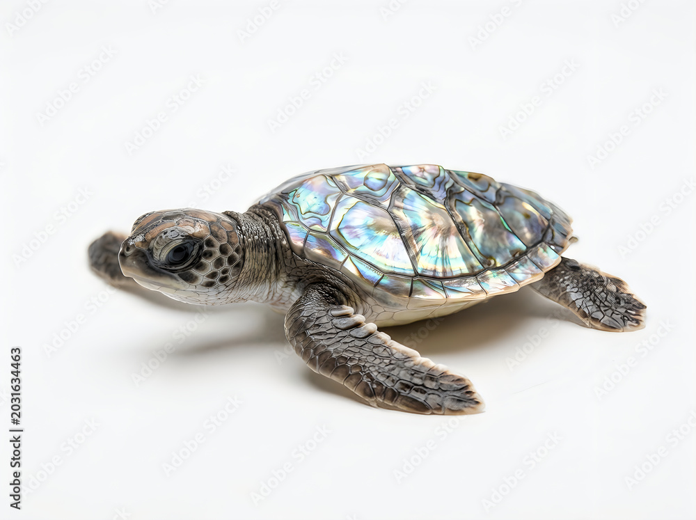 Obraz premium Baby Turtle Hatchling With Glowing Mother Of Pearl Shell On White