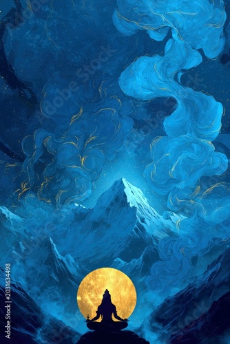 Silhouette of a person meditating in lotus position before a glowing full moon, mountain landscape with swirling blue cosmic clouds.