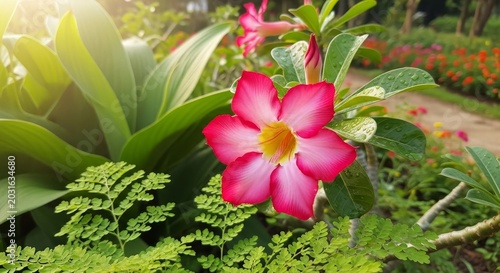 Vibrant Desert Rose Blossom in Lush Green Garden Setting.