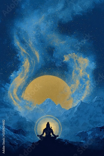 Silhouette of a person meditating in lotus position on a mountain peak under a large full moon, abstract starry night sky with golden nebula.