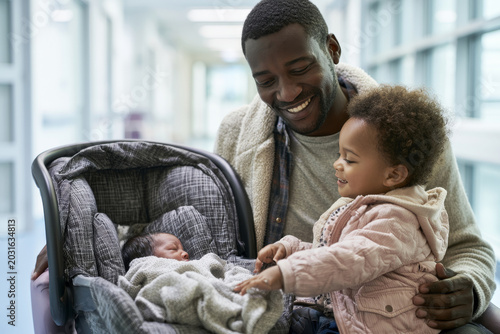 Father and older child meeting a newborn baby in a car seat at the maternity hospital, representing family bonding, new sibling introduction and leaving the hospital after birth