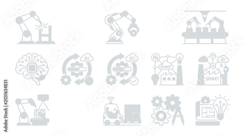 Industrial automation icons collection showing robotic arms smart manufacturing and factory.