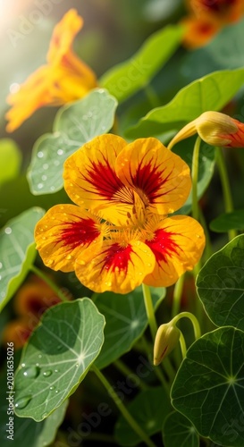 Vibrant Nasturtium Flower with Red Accents and Dew Drops.