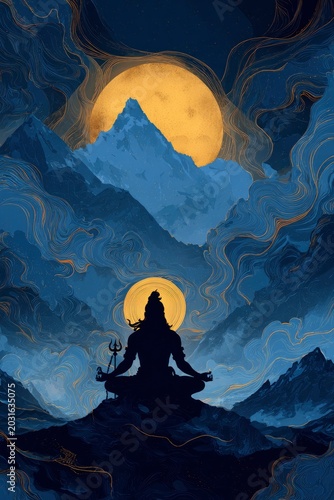 Silhouette of a person meditating in lotus position on a mountain peak at night, large full moon and swirling abstract golden lines in sky.