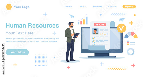 Recruitment process. Human resource management and hiring. Hr manager searching new employee, reading CV and giving job candidate review on computer screen. Businessmen choosing best specialists.