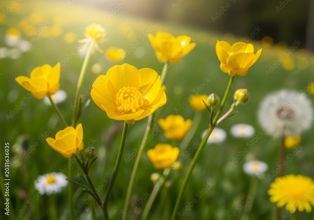 Obraz premium Vibrant Yellow Buttercups Blooming in a Lush Green Meadow.