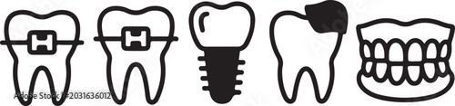Foto Orthodontics and restorative dental icons featuring braces implant screw crown cap and full dentures for tooth replacement clinic