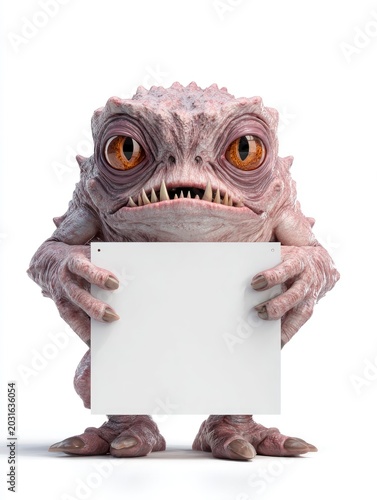 3D rendered pink fantasy creature holding a blank white sign, cute monster standing against a white background with space for text.