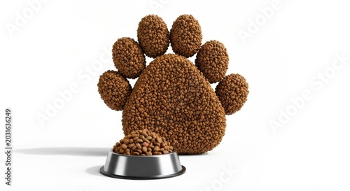 Paw print made of food next to a bowl of pet kibble, white background