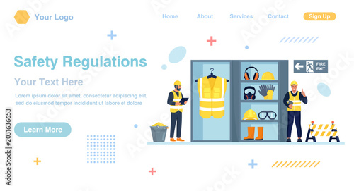 Proper PPE storage. Comprehensive set of essential personal protective equipment for construction workers. OSHA essentials set. Occupational safety regulations