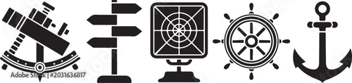 Bild auf Leinwand Navigation and maritime tools set featuring sextant signpost radar nautical steering wheel and anchor icons for ocean exploration