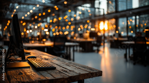 Close up of wooden desk with computer in blurred warm loft office background