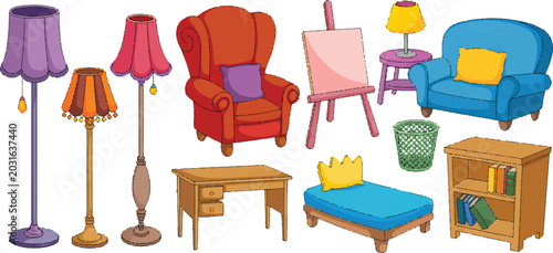 Obraz na płótnie Collection of cozy cartoon furniture and home decor items including armchairs, lamps, a desk, a chaise lounge, and a bookshelf