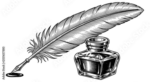 Vintage feather quill pen and glass inkwell vector illustration design
