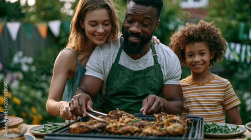 A diverse family unit celebrates a World Environment Day-themed Father's Day brunch outdoors, a banner made by children visible in the background, father wearing a recycled-material apron, garden fu