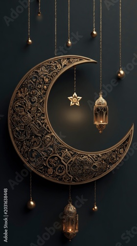 Ornate golden crescent moon with intricate filigree patterns, hanging vintage metal lanterns and stars on dark background.