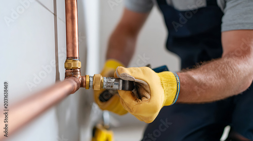 Professional technician in protective work gloves expertly connects copper pipes with a tool, focusing on detailed plumbing installation or repair work