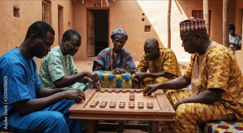 Men gather for a game on a wooden board in a warm, textured space