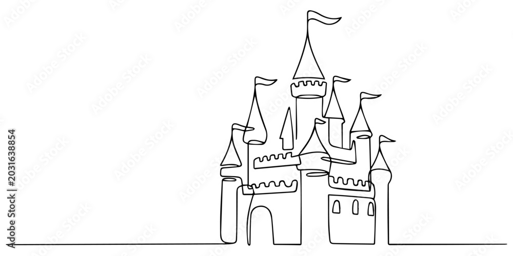 Obraz premium Whimsical line drawing of a fantasy castle with turrets and flags, no editable stroke, Elegant one line illustration of a dreamlike fantasy castle with multiple towers and flowing flags perfect for on