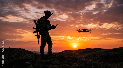 Silhouette of a soldier operating a military reconnaissance drone at sunset in a remote field