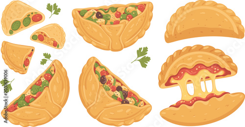 Photos Delicious Cartoon Empanada and Calzone Set with Cheese and Vegetable Filling, Ta