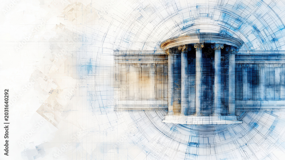 Fototapeta premium Architectural plan mockup featuring classical column structure with detailed blueprints and artistic elements, conveying sense of design