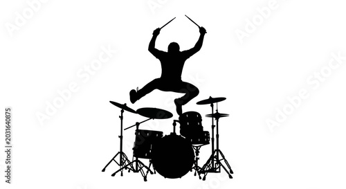 Tableau sur toile Drummer Silhouette Jumping Joyfully Above Drum Kit