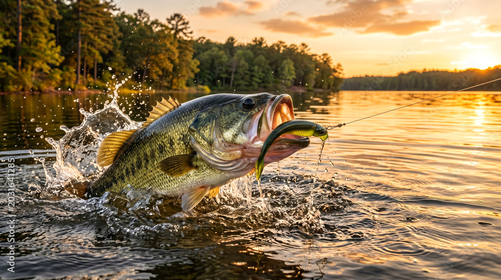 Fototapeta premium Large mouth bass jumping out of water on fishing line at sunset