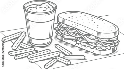 Photos A black and white line of a fast food meal featuring a sub sandwich, a cup of so